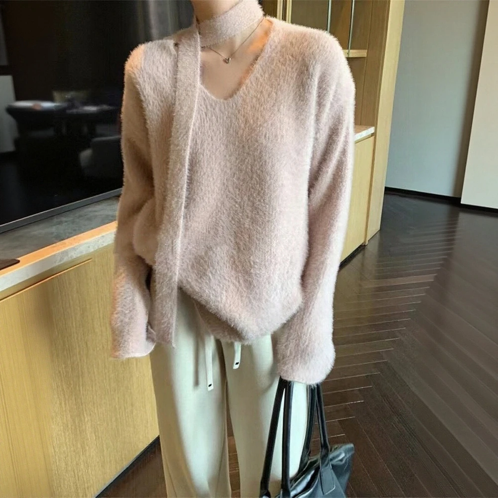 

Женский свитер с длинным рукавом и v-образным вырезом, элегантный шикарный однотонный повседневный модный осенне-зимний повседневный свитер