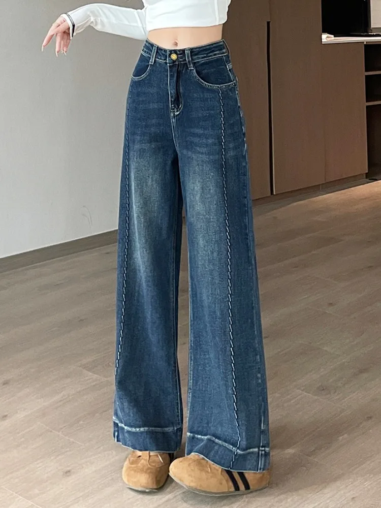 

Прямые джинсы, женские осенние новые универсальные повседневные и модные широкие брюки с высокой талией и вышивкой