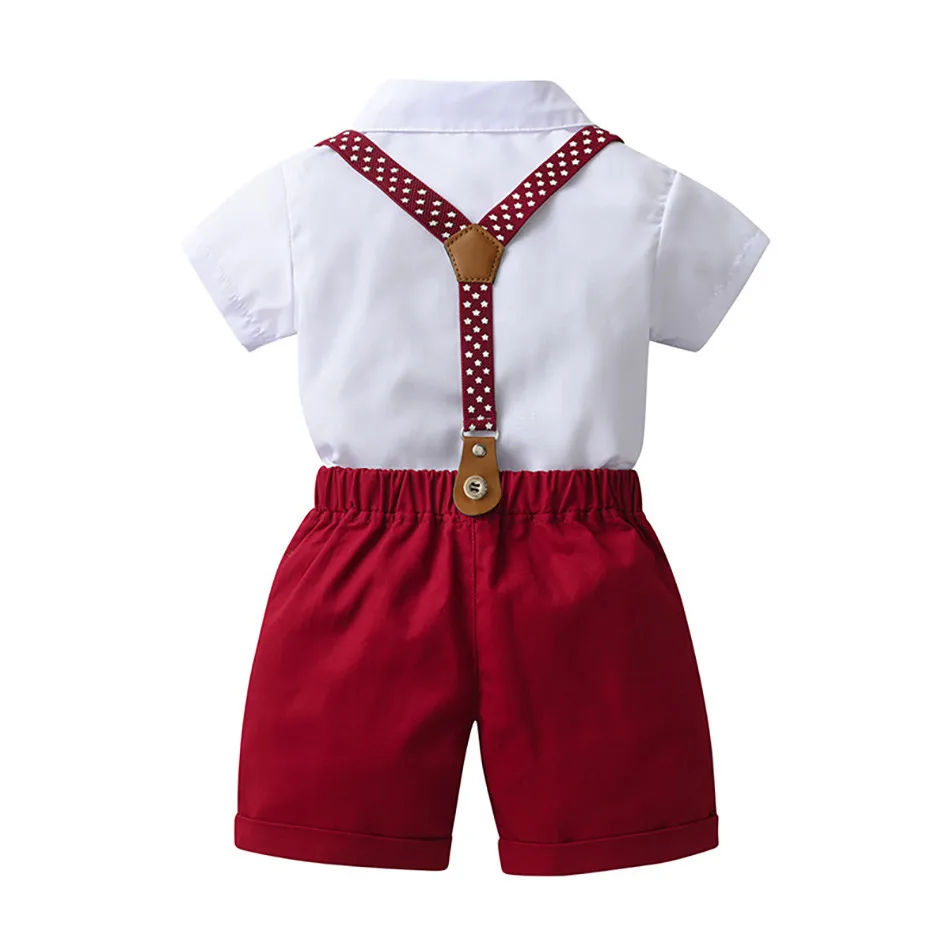 Children Boy Formal Outfit Shirt Bow Tie with Red Suspender Short Shorts Party Proformance Suit Toddler Summer Gentleman Outfit