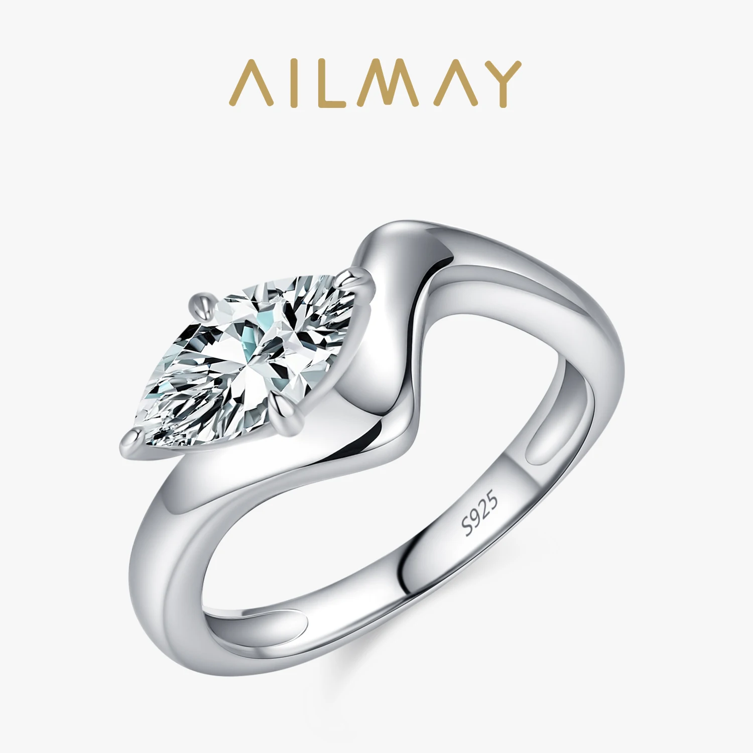 Ailmay Fashion Horse Eye Zircon 925 Sterling Silver Wide Curved Ring For Women Engagement Wedding Luxury High Quality Fine Jewel