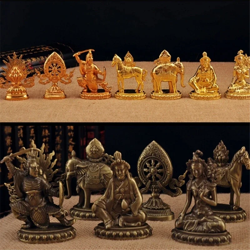 البوذية الكلاسيكية اللون البرونزي التانترا 7 قطعة الرموز الميمونة حساسة مذهب ملك العجلة سبعة كنوز لديكور المعبد