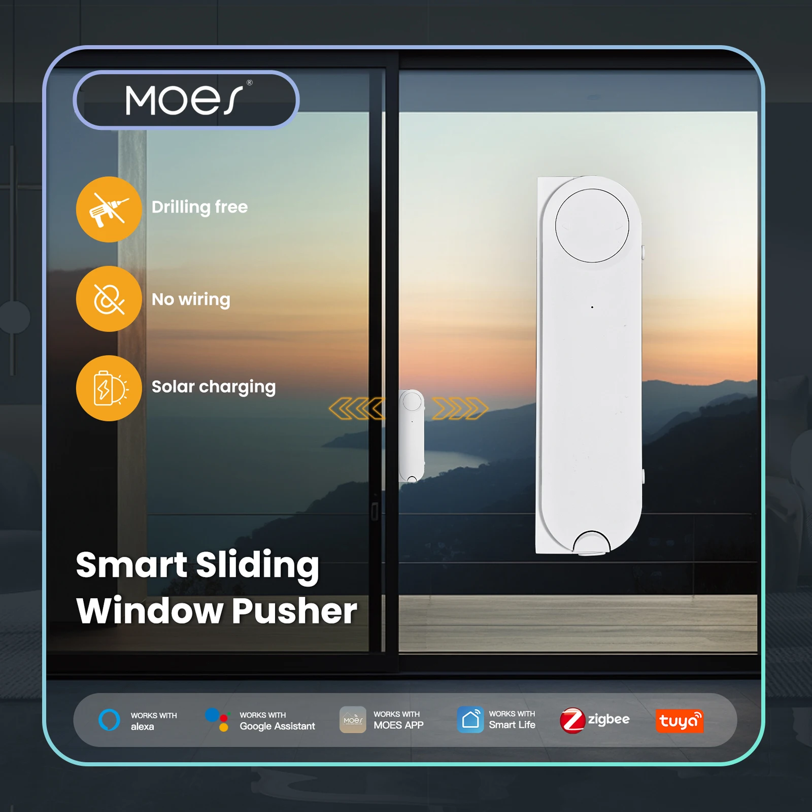 MOES Tuya ZigBee Smart Sliding Window Pusher Automatic Opener Closer Solar Charging App Remote Control Support Alexa Google Home