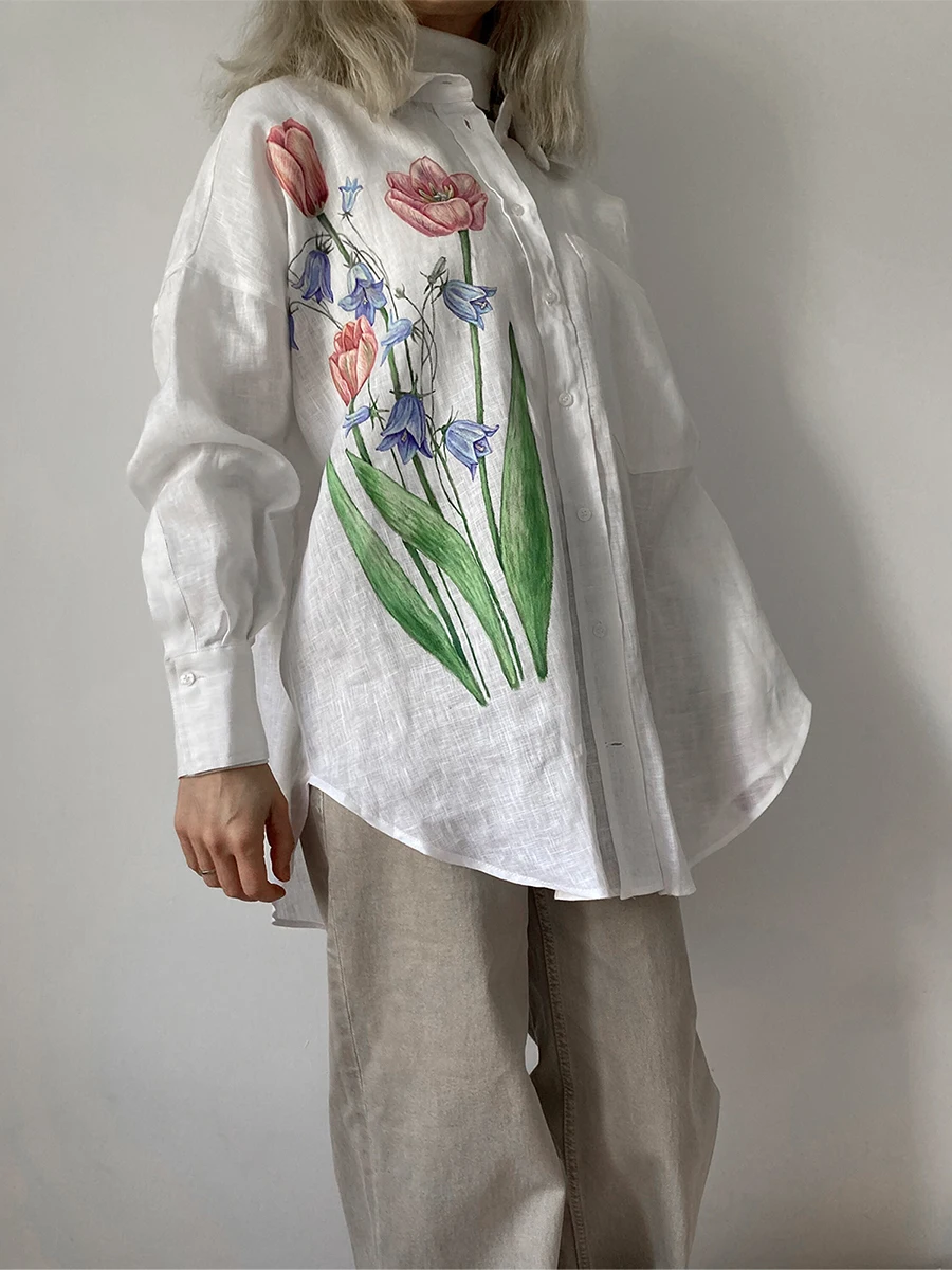 Camisa de manga larga para mujer, blusa holgada elegante con estampado de flores y botones, Tops de otoño