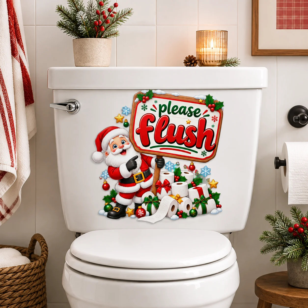Funny Christmas Toilet Lid Sticker Santa Claus Please Flush Xmas Snowflake Winter Holiday Bathroom Decor Decal