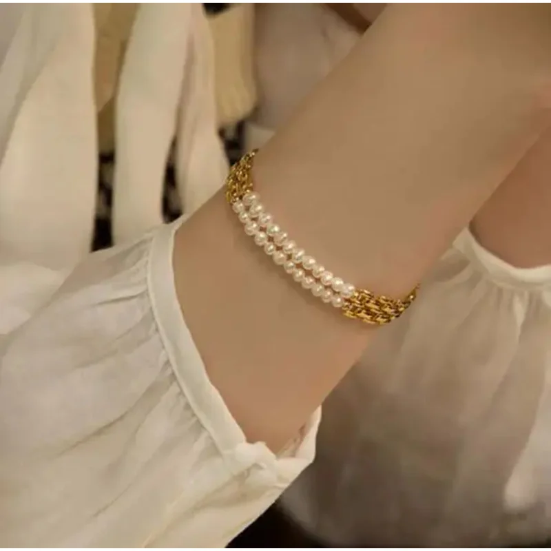 Brass With 18K Real Layered Baroque Pearl Watch Band Bracelet  Women Jewelry Punk Party T Show  Gown Runway  Korean Japan  Style