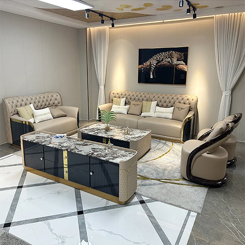 High End Luxury Villa Living Room Furniture Leather Sofa Tufted Button Couch Designer Modern Sectional Sofa Set for Home Custom