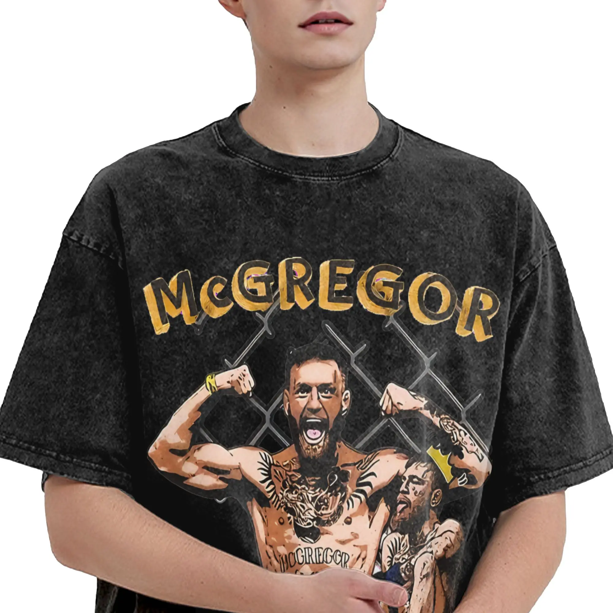 Connors Mcgregors Roaring Fighter T Shirt Hip Hop Washed Cotton Oversize T-Shirt  Retro Men Women Streetwear
