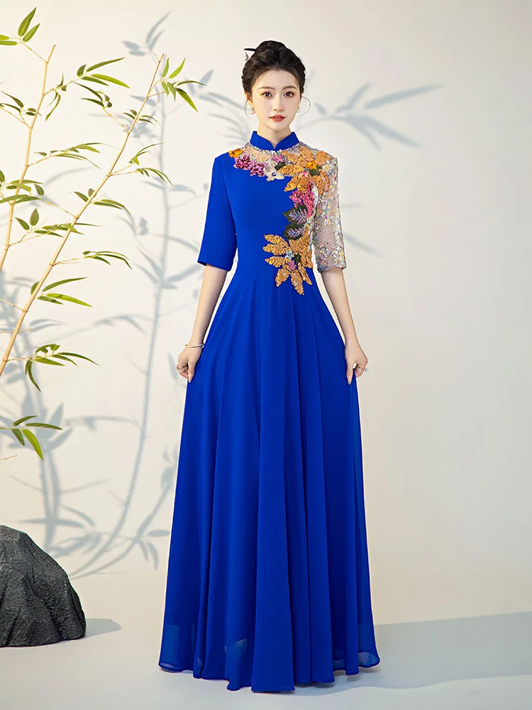 Performance costume long Chinese style host evening dress