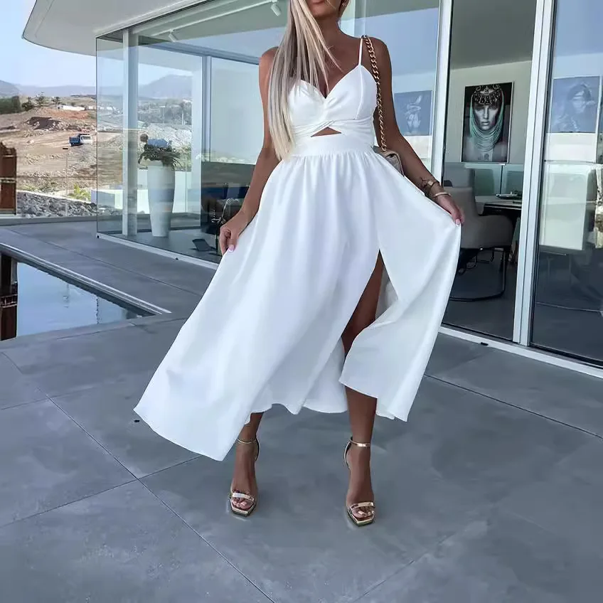 Abito di media lunghezza senza schienale Abito estivo senza maniche con canottiera Abito da donna con scollo a V a pendolo Abito Maix slim fit in tinta unita