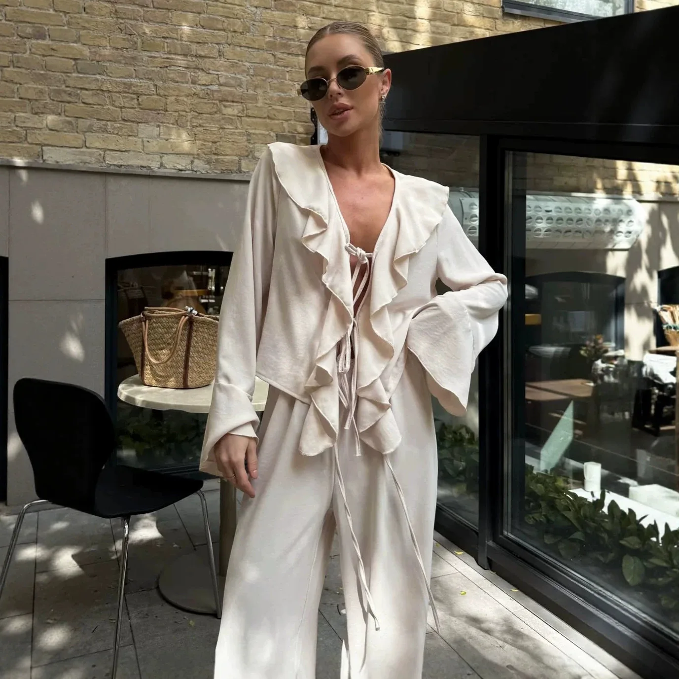Women 2 Piece Loungewear Set Ruffle V Neck Tie Front Flare Sleeve Crop Top High Waist Wide Leg Loose Pants Casual Outfit 260702
