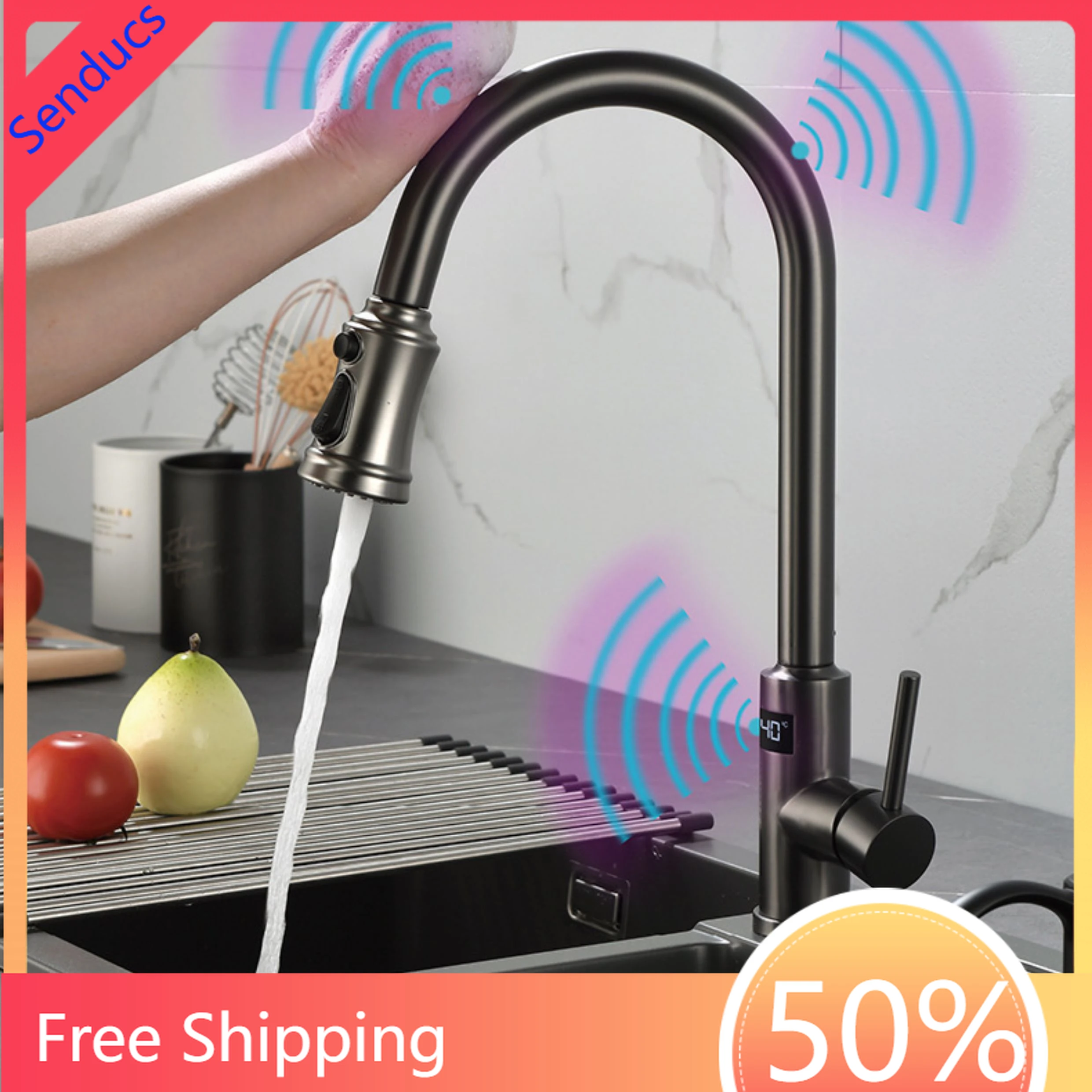 

Grey Digital Touch Control Kitchen Faucet Stainless Steel Pull Out Sprayer Hot Cold Water Mixer Tap with Touch for Kitchen Sink