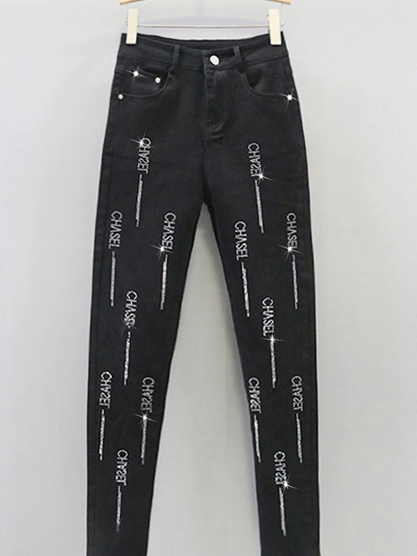 

Модные женские джинсы с высокой талией, облегающие, из денима, весна-лето, новый стиль, с декором из страз, эластичные, узкие брюки