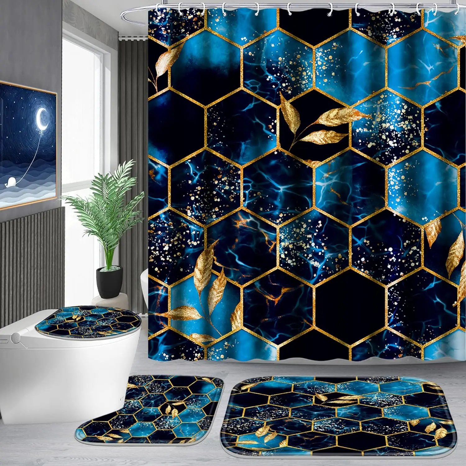

4 Pcs Bathroom Shower Curtain Set Bathroom Sets with Rugs(Bath Mat,U Shape and Toilet Lid Cover Mat) and 12 Hooks