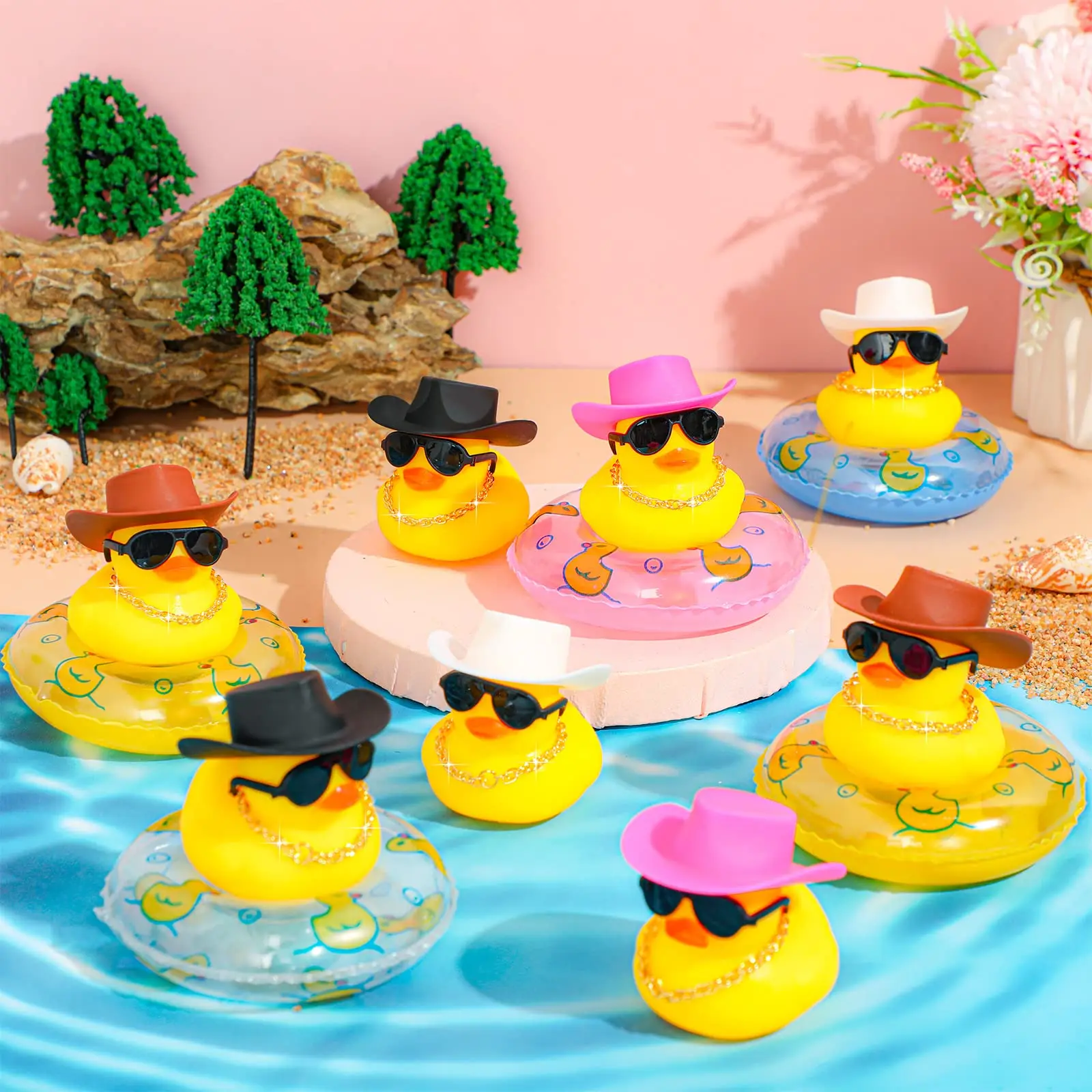 Juego de juguetes de baño de pato de goma de vaquero, Mini coche de pato amarillo, recuerdo de fiesta, decoraciones de salpicadero de coche para