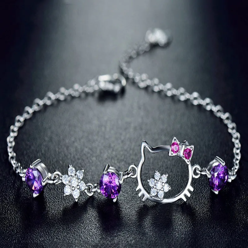 Cartoon Cat Zircon Silver Bracelet Girlfriend Female Children's Leisure Party Japanese Style Jewelry Gift