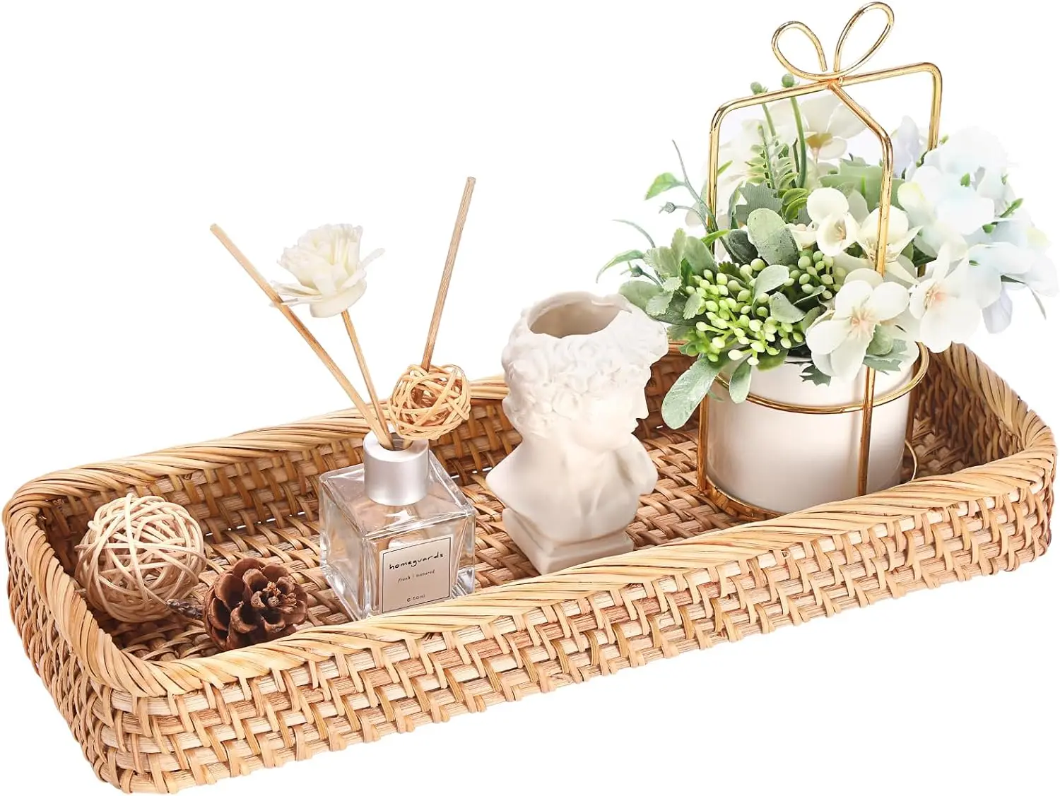Rattan Basket Tray Handwoven Key Basket Holder for Entryway Long Narrow Bathroom Sink Vanity ,Gift for Home Decor