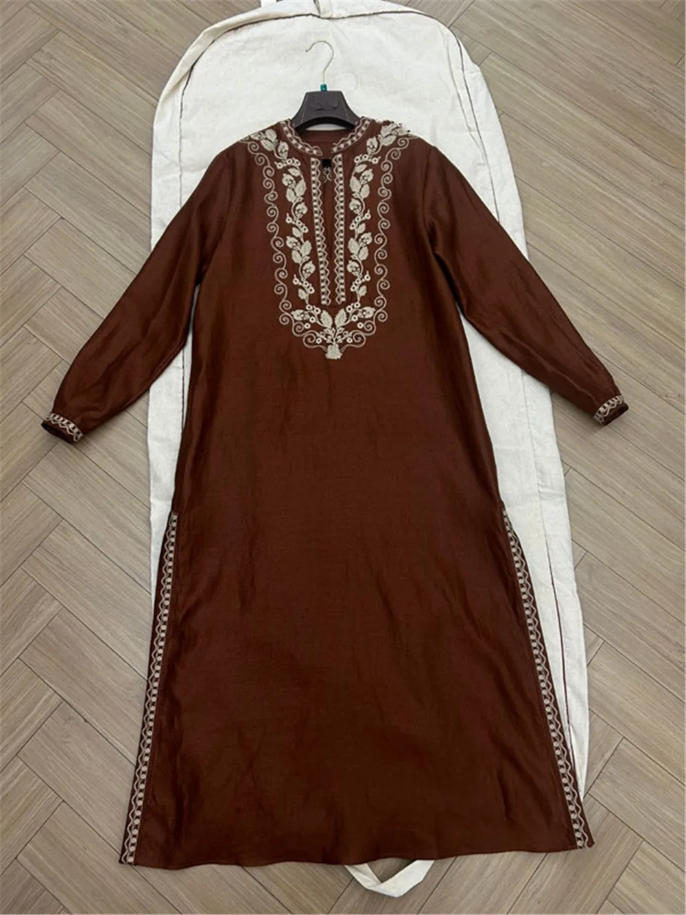 Exquisite Embroidery Linen Dress Slit Long Dresses High Quality Women\'s Clothing