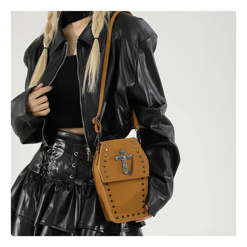 Dark Gothic Flap Messenger Bag Women Scrub Leather Coffin Shape Black Shoulder Bag Rivited Chian Crossbody Handbag For Ladies