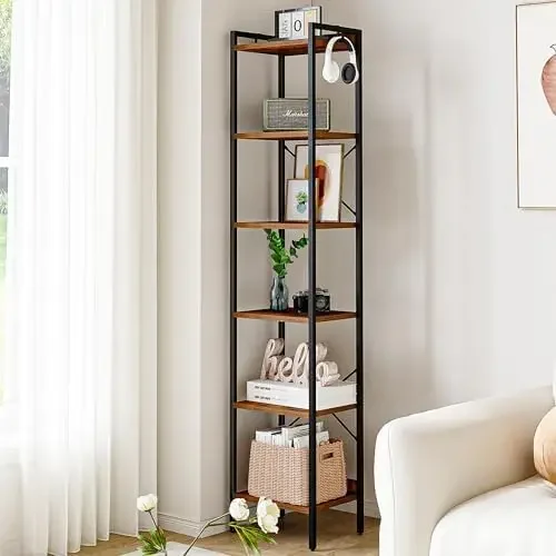 

Bookshelf, Book Shelf, Industrial Bookcase with 2 Hooks, Coner Shelf Storage Organizer for Home Office, Living Room, Bedroom, Ki