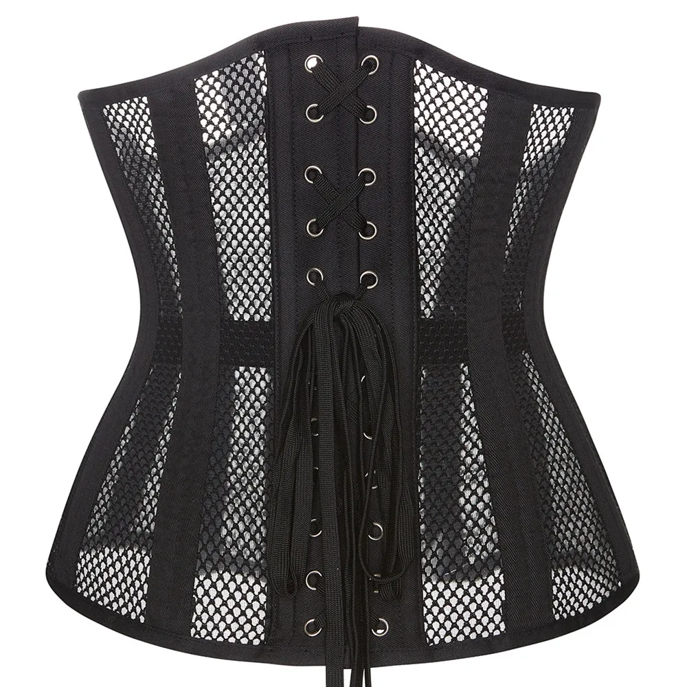 Transparent Hollow Net underbust Corset Waist cincher Bustier Black outwear Steel Boned lingerie S-2XL