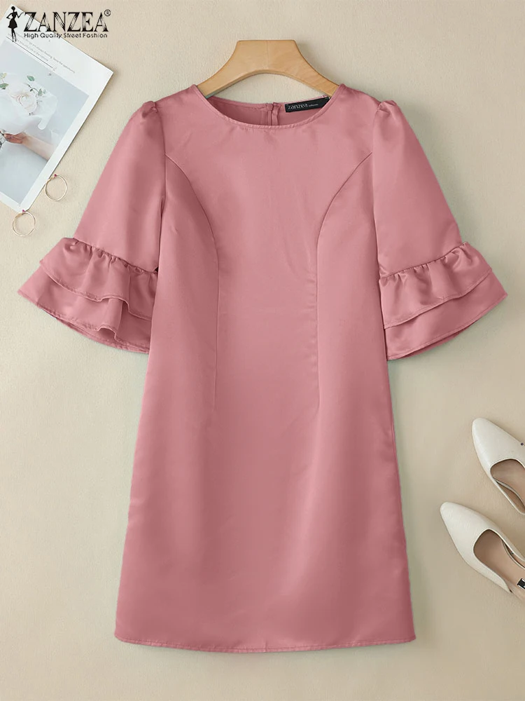 Elegante festa midi vestidos femininos 2025 vestido de verão zanzea elegante manga curta ol trabalho vestido de verão sólido na altura do joelho vestidos robe
