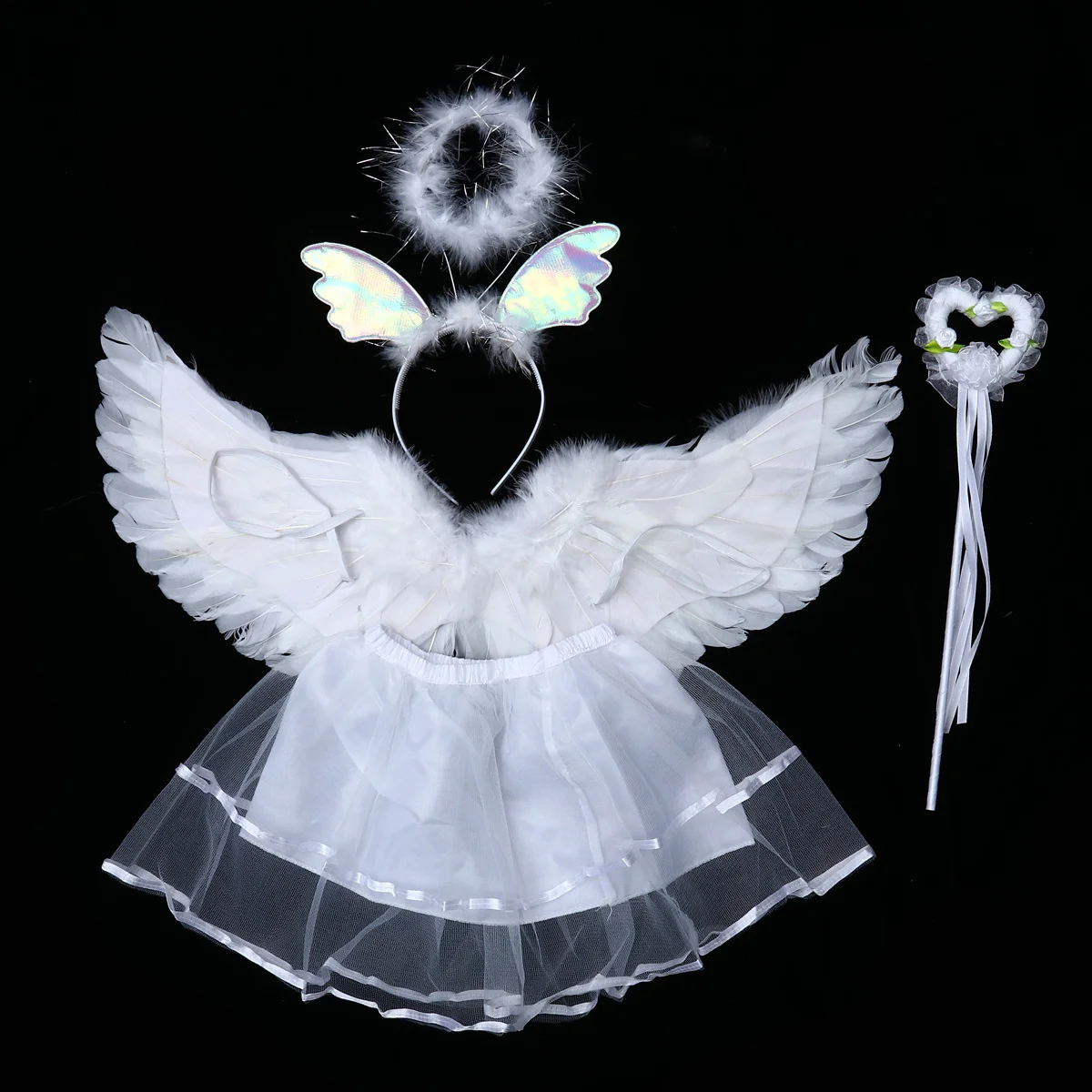 Ensemble d'ailes d'ange pour Costume de fée, 4 pièces, avec jupe Tutu, pince à cheveux, baguette, tenue de spectacle de fête, vacances