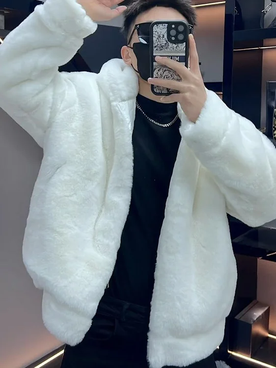 Men's Faux Fur Lamb Velvet Cotton Jacket Winter Warmth Sense Hooded Fleece Lined Coat Casual Straight Hem Cleanfit Zipper
