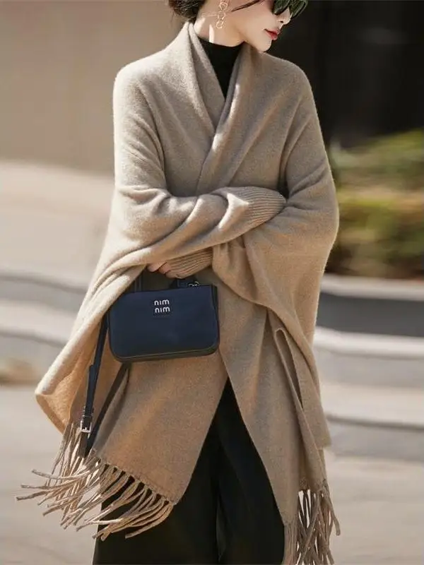 Elegant Thickened Woolen Knitted Cardigan Women's Shawl Outerwear Spring Autumn Winter Cowl Neck Sweater Coat Casual Style