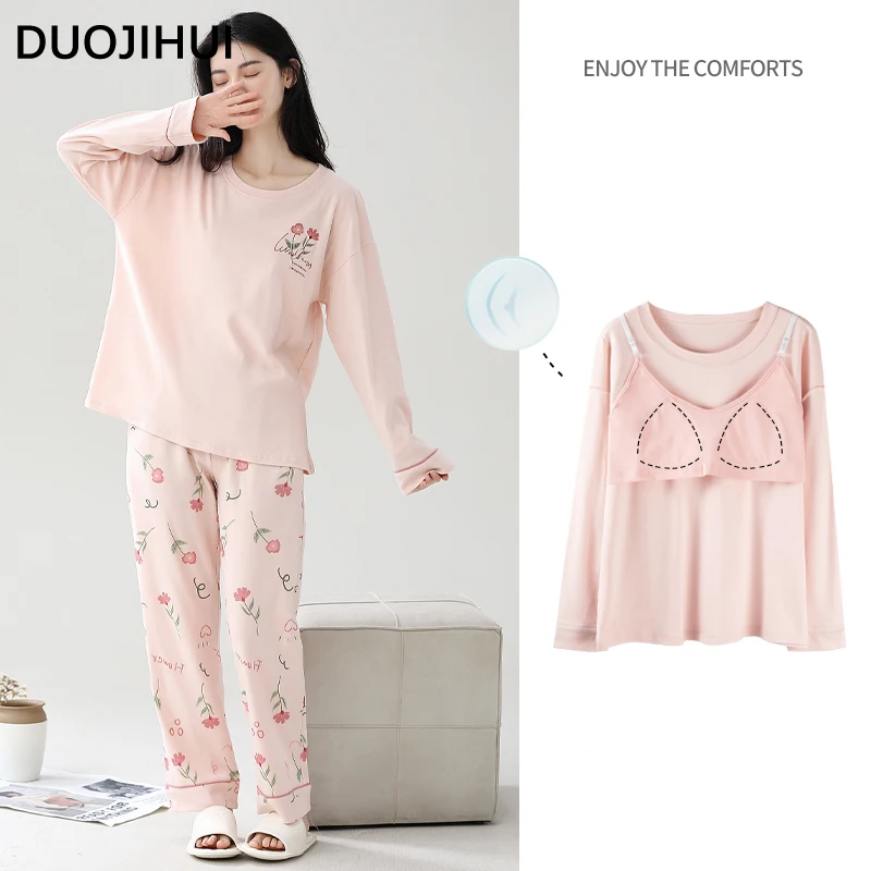 

DUOJIHUI Two Piece Classic Casual Pajamas for Women Autumn with Chest Pad Pullover Fashion Pant Loose Simple Female Pajamas Set