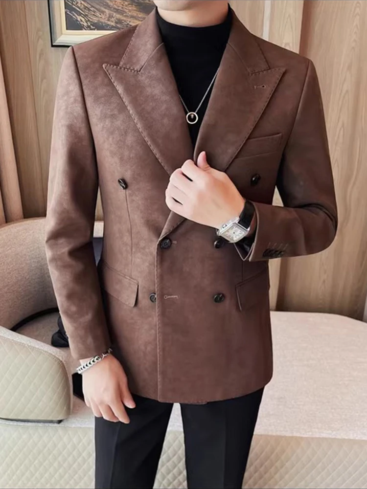 CY205  Leather Men Korean Business Casual British Double-breasted Suit Jacket Free Ironing Slim Body Fat Handsome Velvet Blazer