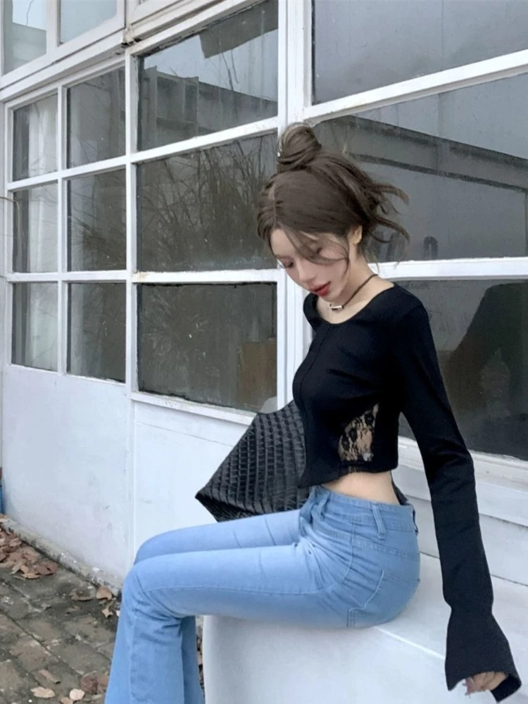 Slim Fit Backless Top for Women Y2K Millennial Sweet Spicy Autumn Winter Lace Patchwork Long Sleeve T Shirt Base Layer
