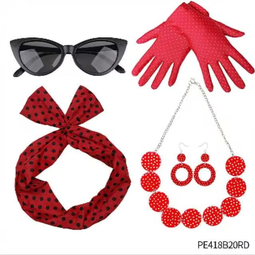 PESENAR "إكسسوارات الأزياء القديمة في الخمسينيات: منقطة، أنماط حمراء وسوداء، مثالية للحفلات ذات الطابع العتيق."