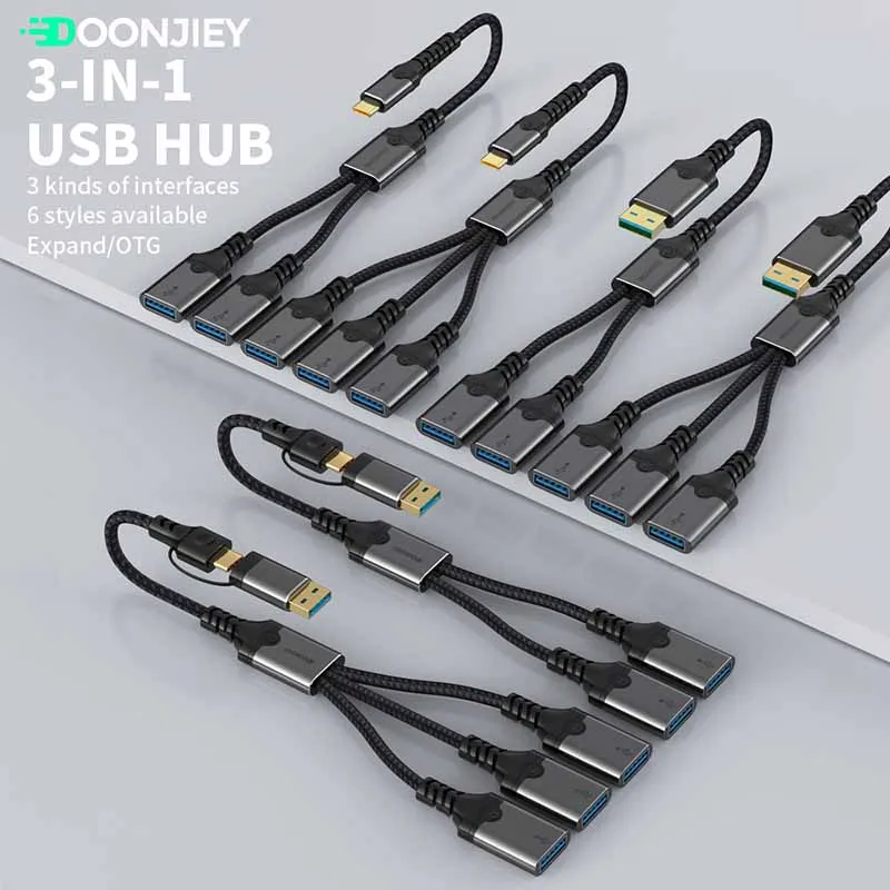3 in 1 USB Type C Splitter HUB Expansion Cable Adapter Support OTG Data Transfer Converter For  Smartphone Laptop Tablet