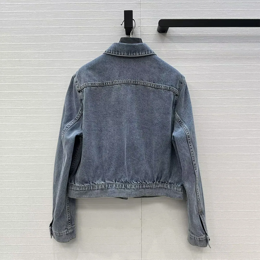 New Autumn Vintage Washed Denim Jacket with Big Bow Design Lapel Long Sleeve Single Breasted Streetwear Loose Short Design Coat