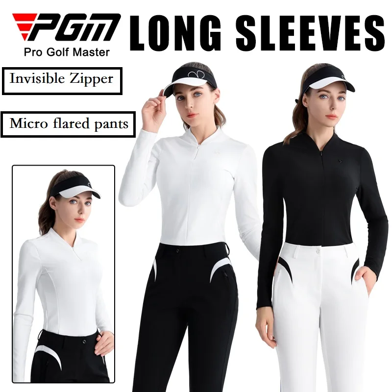 PGM Autumn Women Long Sleeve Golf T-shirt Zipper Collar Soft Polo Shirts Ladies Breathable Slim Spring Golf Tops S-XL