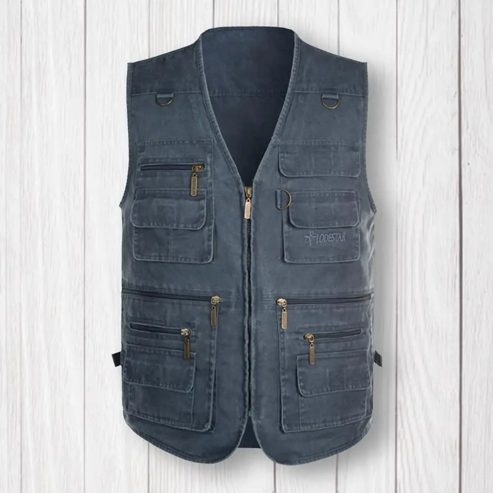 Male Casual Summer Big Size Men Waistcoat Solid V Neck Sleeveless Multi Pockets Photograph Waistcoat Outdoor Vest Fishing Coat