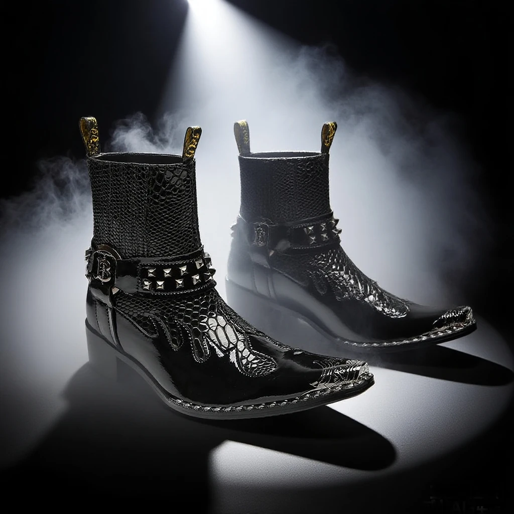 Schwarze Herren-Stiefeletten aus Schlangenleder mit Nietenbesatz, Blockabsatz, auffälliges Design, modische Schuhe für Bars, Bühnen, Streetwear und besondere Anlässe. – Detail 3