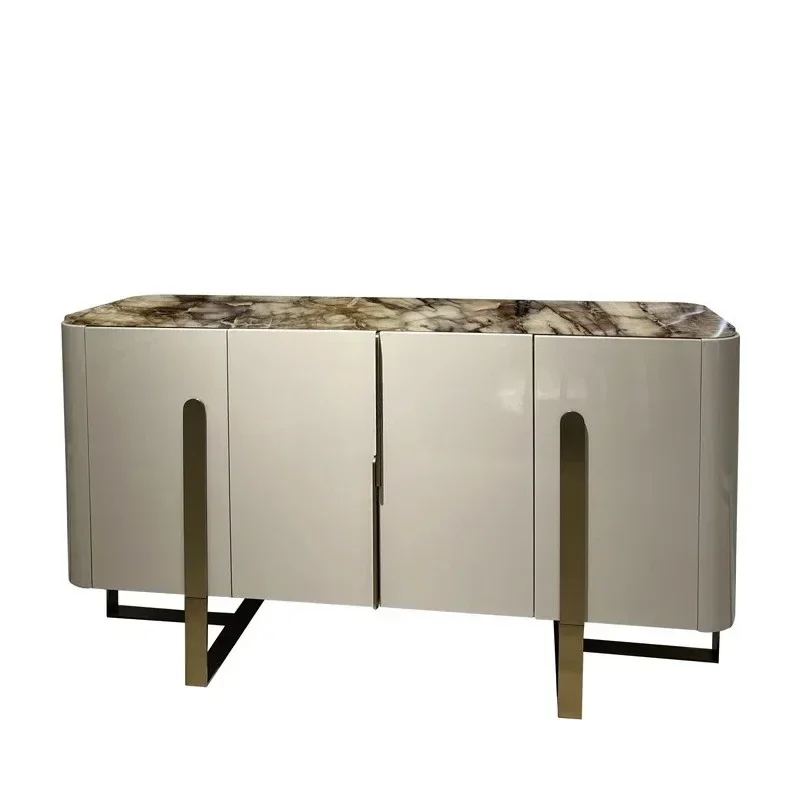 

Italian light luxury dining side cabinet marble surface stainless steel metal foot living room locker