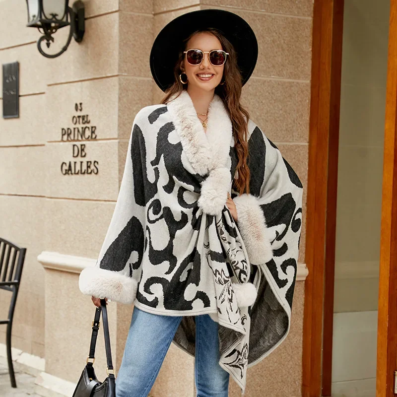 

New Winter Thick Batwing Sleeves Poncho Cloak Women Faux Rabbit Fur Neck Printed Streetwear Female Pompon Punch Hole Loose Cape