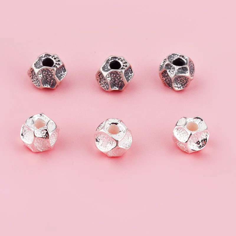 S925 sterling silver retro concave and convex crater irregular stone bead DIY braided rope accessory