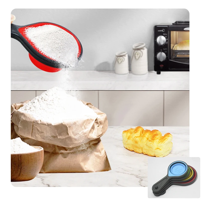 Tasse à mesurer pliante rétractable en silicone, cuillère à mesurer, ensemble de qualité alimentaire, cuisson, café, sucre, outils de cuisson, 4 pièces