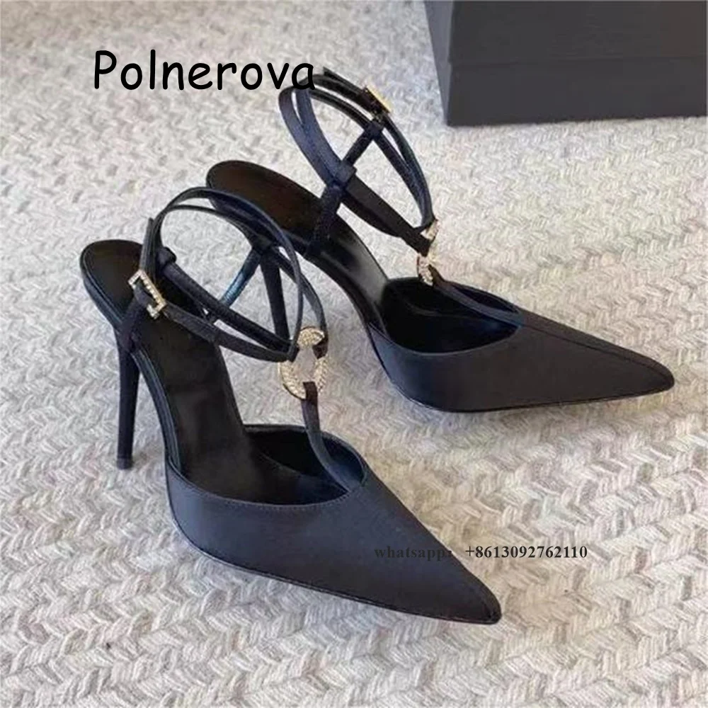 

Black Satin Sandals Metal Ring Buckle Women's Shoes Thin High Heels Front Rear Strap Summer Casual Sexy Pointed Toe Sandals