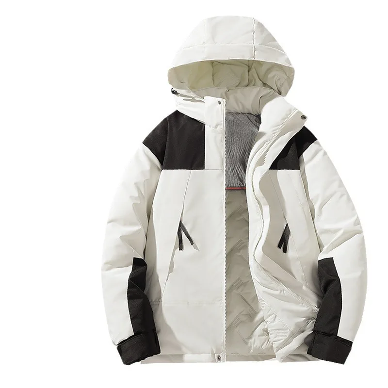 

Spliced Patchwork Parka Hooded Men Parkas Long Sleeve Zipper Pockets Outerwear Stand Collar Thick Warm Winter Draw String