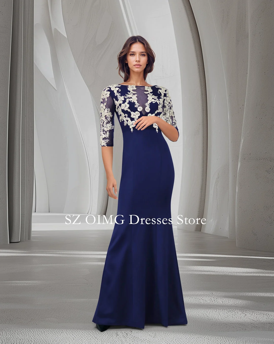 

OIMG 2024 New Women's Maxi Satin with Appliques Prom Dress BLUE FLOOR-LENGTH DRESS WITH SEE-THROUGH SEQUINED TOP Party Dress