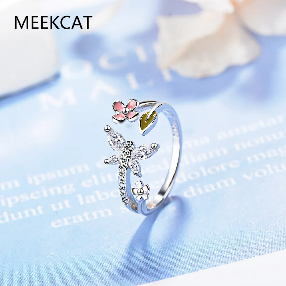 

Real 925 Sterling Silver Coloful Enamel Flower Leaf Butterfly Opening Ring For Woman Girls Fine Jewelry Party Gift DK004