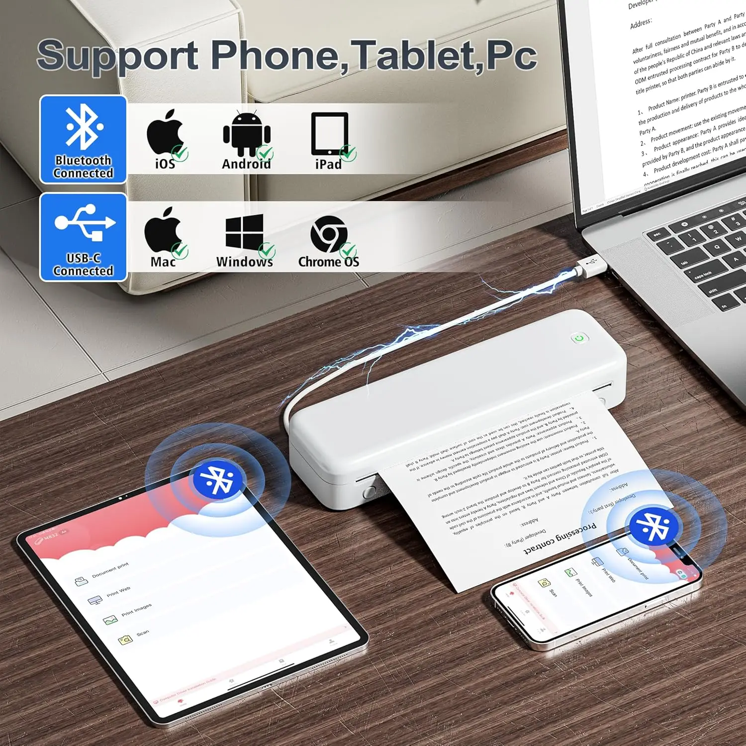 M834 Portable Printers Wireless BT Thermal Printer for Travel A4 Paper Inkless Compact 300dpi Printer Compatible for Phone/PC