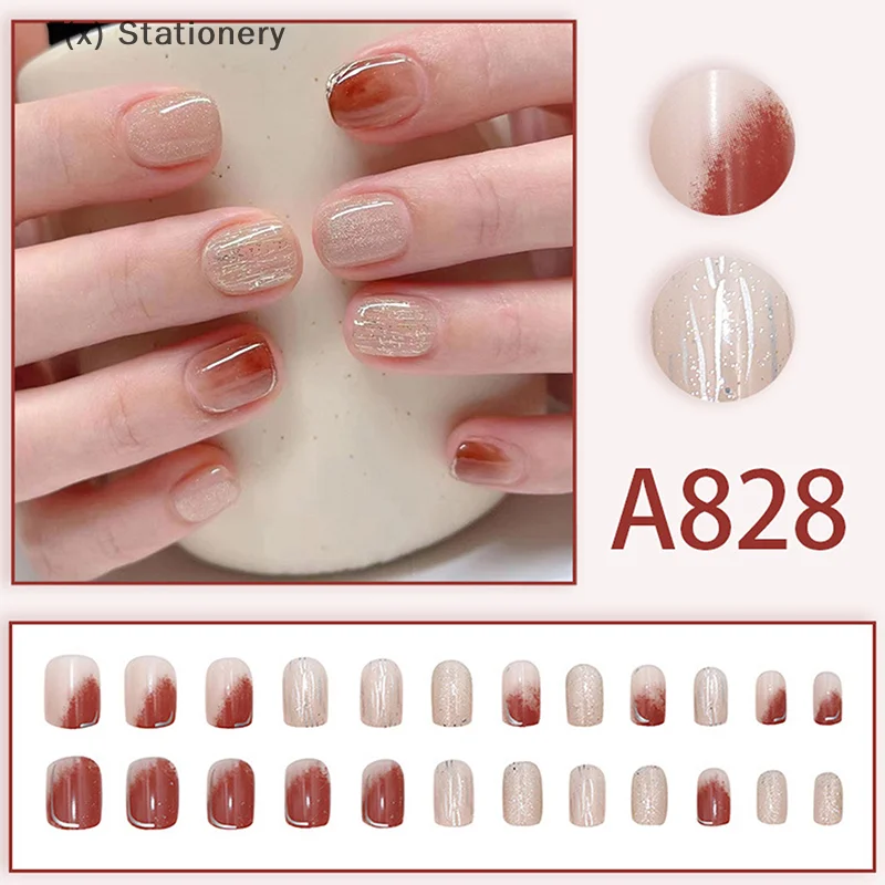 24Pcs Short Round False Nails French Pink Glitter Fake Nails With Glue Full Cover Detachable Glossy Wearable Press On Nail Tips