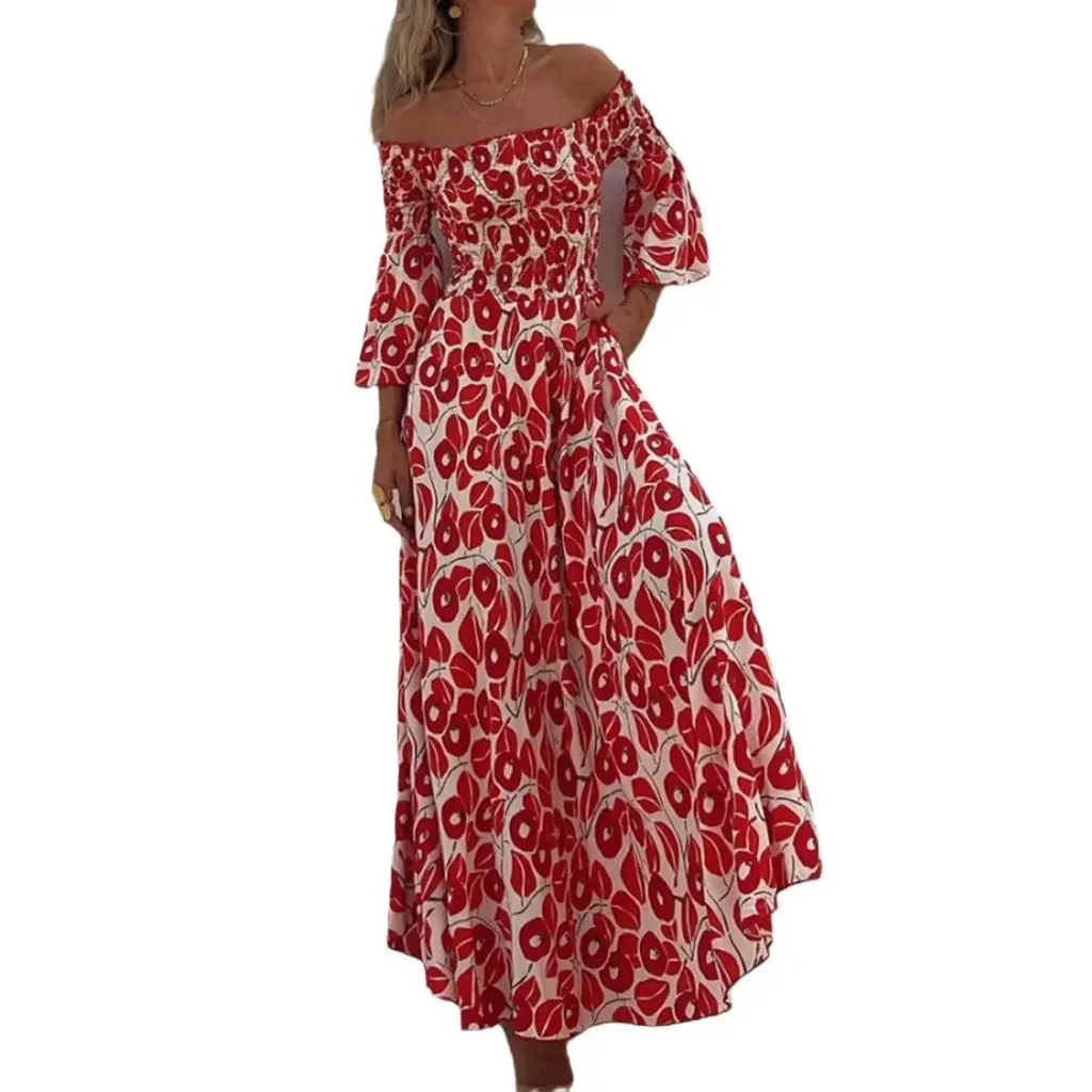 Vestido largo plisado con estampado floral para mujer Estación independiente Diseño elegante con hombros abiertos y bolsillo