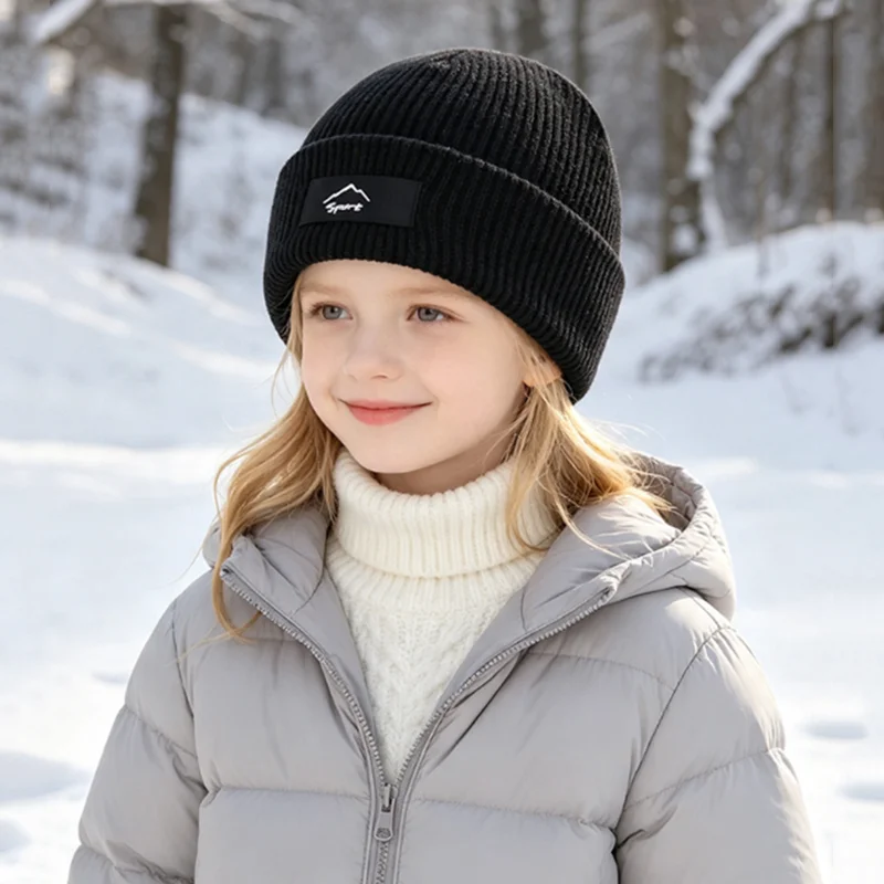 Winter Kids Ribbed Knit Beanie Hat Boys Girls Casual Patch Label Cap Outdoor Warm Cold‑Resistant Elastic Knitted Hat