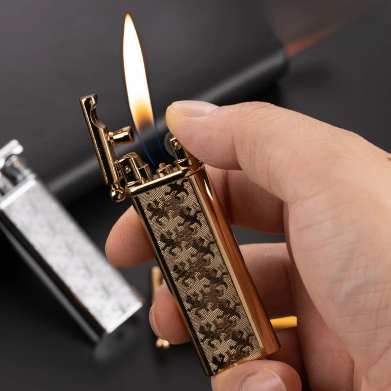 Metal Ultra Thin Relief Texture Open Fire Inflatable Lighter Classic Retro Grinding Wheel Ignite Portable Gas Lighters Smoking